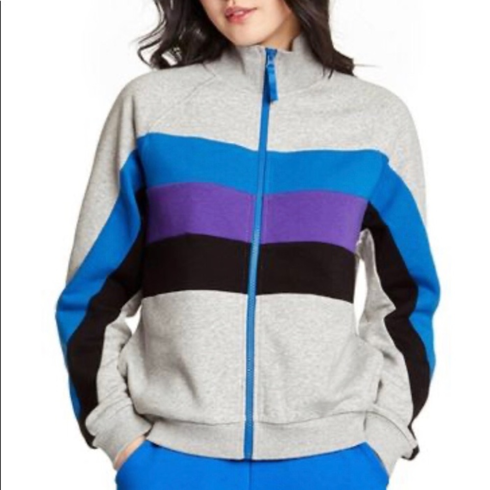 Women’s Grey Zip-Up Sweatshirt with Blue & Purple Stripe